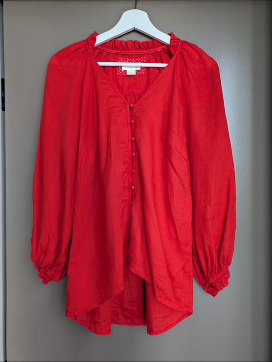 Anthropologie Tops - Anthropologie Maeve 100% Linen Audie Puff Sleeve Blouse Red Size XS Boho Coastal
